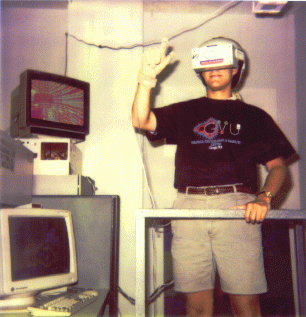 Person wearing full VR equipment